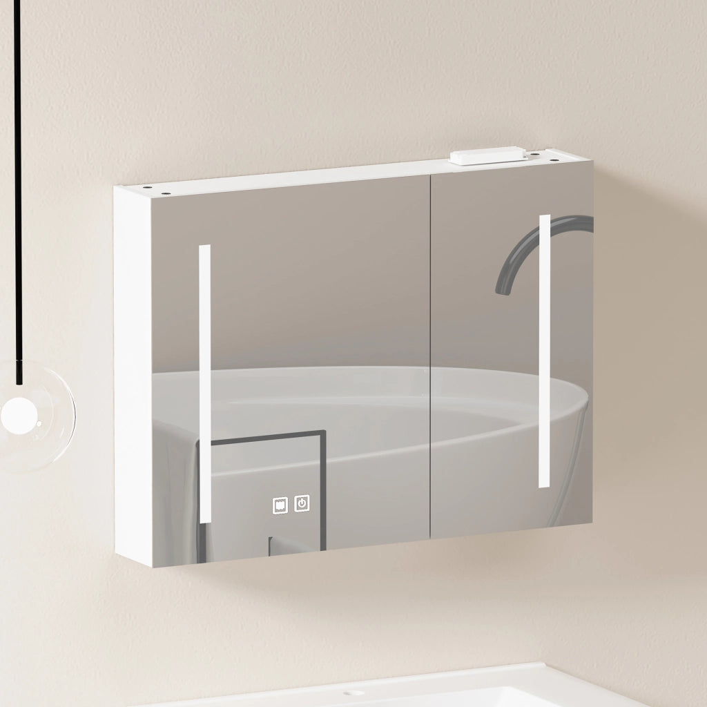 Armadietto a specchio con LED e 2 vani interni per bagno soggiorno e camera da letto in MDF e vetro bianco 80 cm