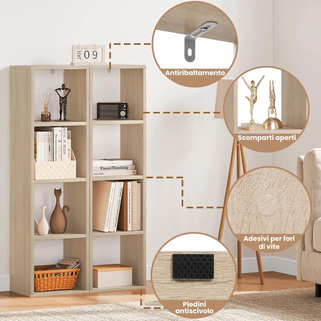 Libreria con 4 Livelli, Scaffale a Cubo in Piedi, Scaffale Aperto, per Soggiorno, Studio, Camera da Letto, Ufficio, 30x106,5x23,5 cm, Rovere Chiaro, SK051hei