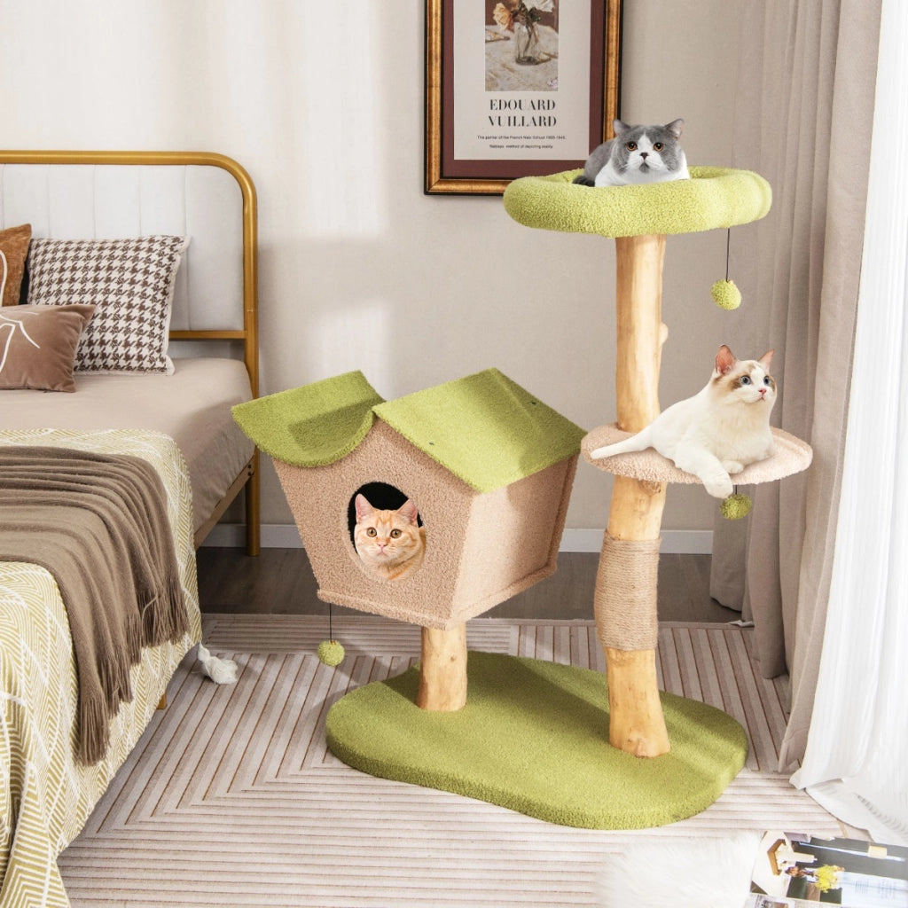 Albero per gatti da 110cm con cuccia imbottita tiragraffi piattaforma di salto, Torre per gatti in legno Verde-Alberi Tiragraffi