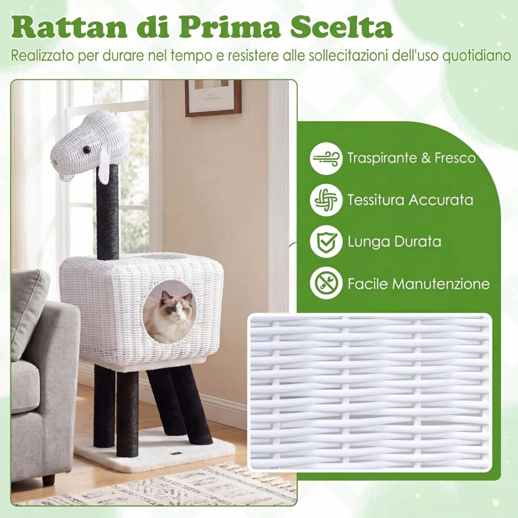 Albero Tiragraffi per Gatti, Tiragraffi per Gatti in Rattan con Grotta, 5 Pali Tiragraffi in Sisal, Cuscino Morbido e Pompon, Cuccia per Gatti da Interno a Forma di Pecora, 47 x 35,5 x 110 cm