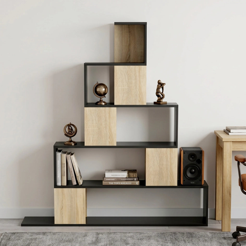 Libreria geometrica 5 livelli ¨C Xylo ¨C legno naturale e nero, scaffale per soggiorno ufficio camera