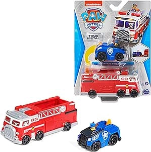 Paw Patrol, Camion dei Pompieri e Auto della Polizia di Chase in Metallo, Veicoli Die-Cast in Scala 1:55, Giocattoli per