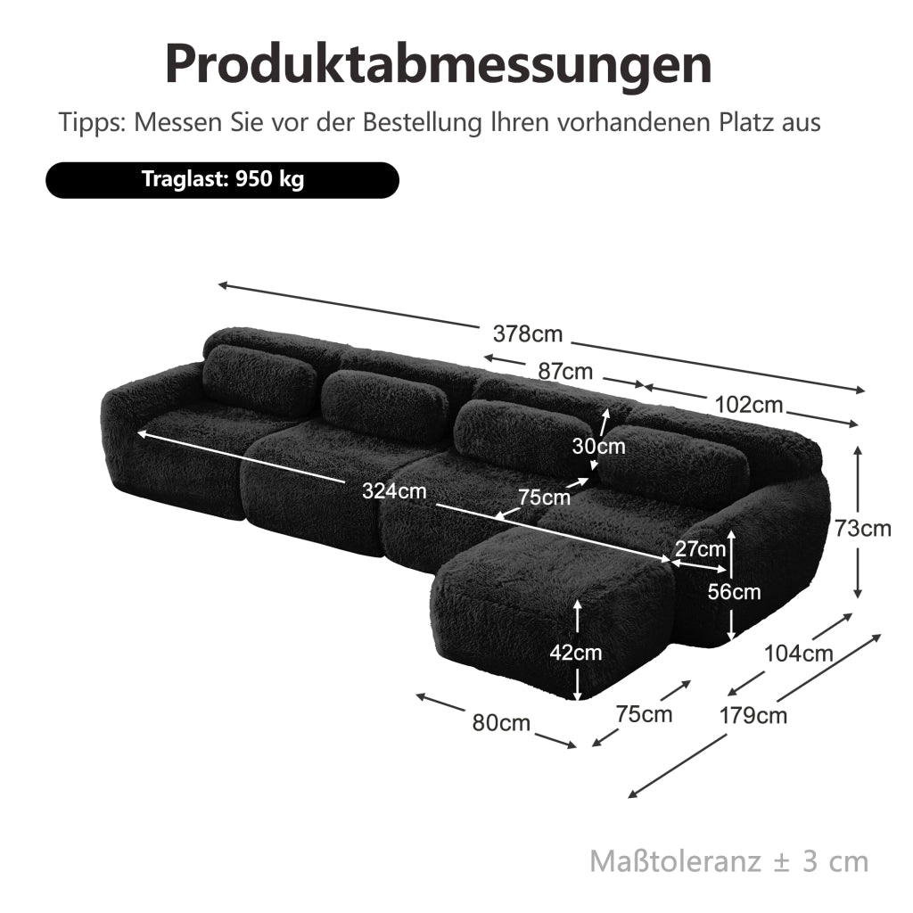 Divano angolare modulare 4 Posti con chaise longue, Design senza struttura, Cuscini, in Peluche Nero