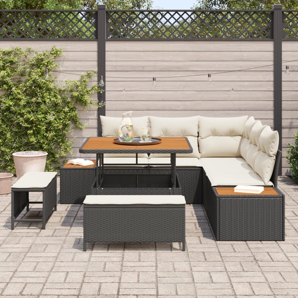 Set di divani da giardino da 8 pezzi con cuscini in rattan poliestere nero e acacia