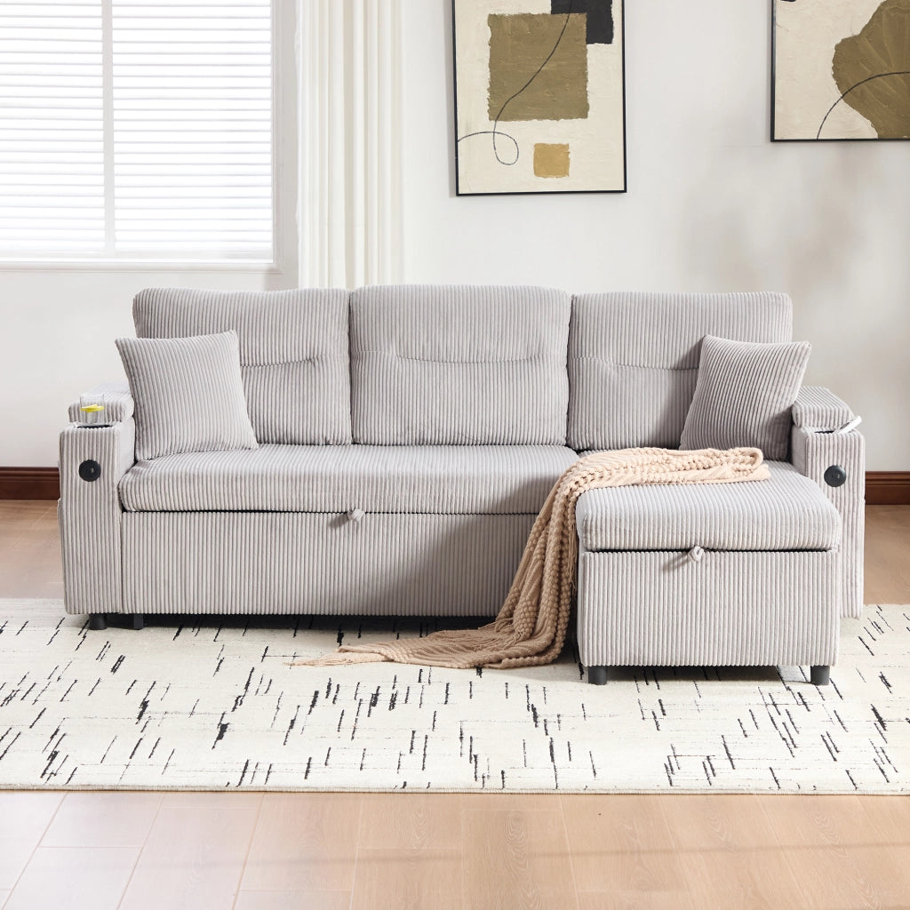 Divano letto a 3 posti con chaise longue idraulica, letto estraibile, USB-C e tessuto a coste grigio chiaro
