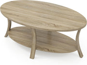 Tavolino da Centro a 2 Livelli, Tavolino Ausiliario Ovale con Gambe Curvate, Venatura del Legno, Piedini Antiscivolo, Ripiano per Soggiorno, Studio, Sala d'Attesa, Grigio/Rovere (Naturale)