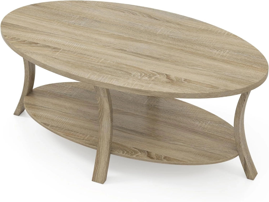 Tavolino da Centro a 2 Livelli, Tavolino Ausiliario Ovale con Gambe Curvate, Venatura del Legno, Piedini Antiscivolo, Ripiano per Soggiorno, Studio, Sala d'Attesa, Grigio/Rovere (Naturale)