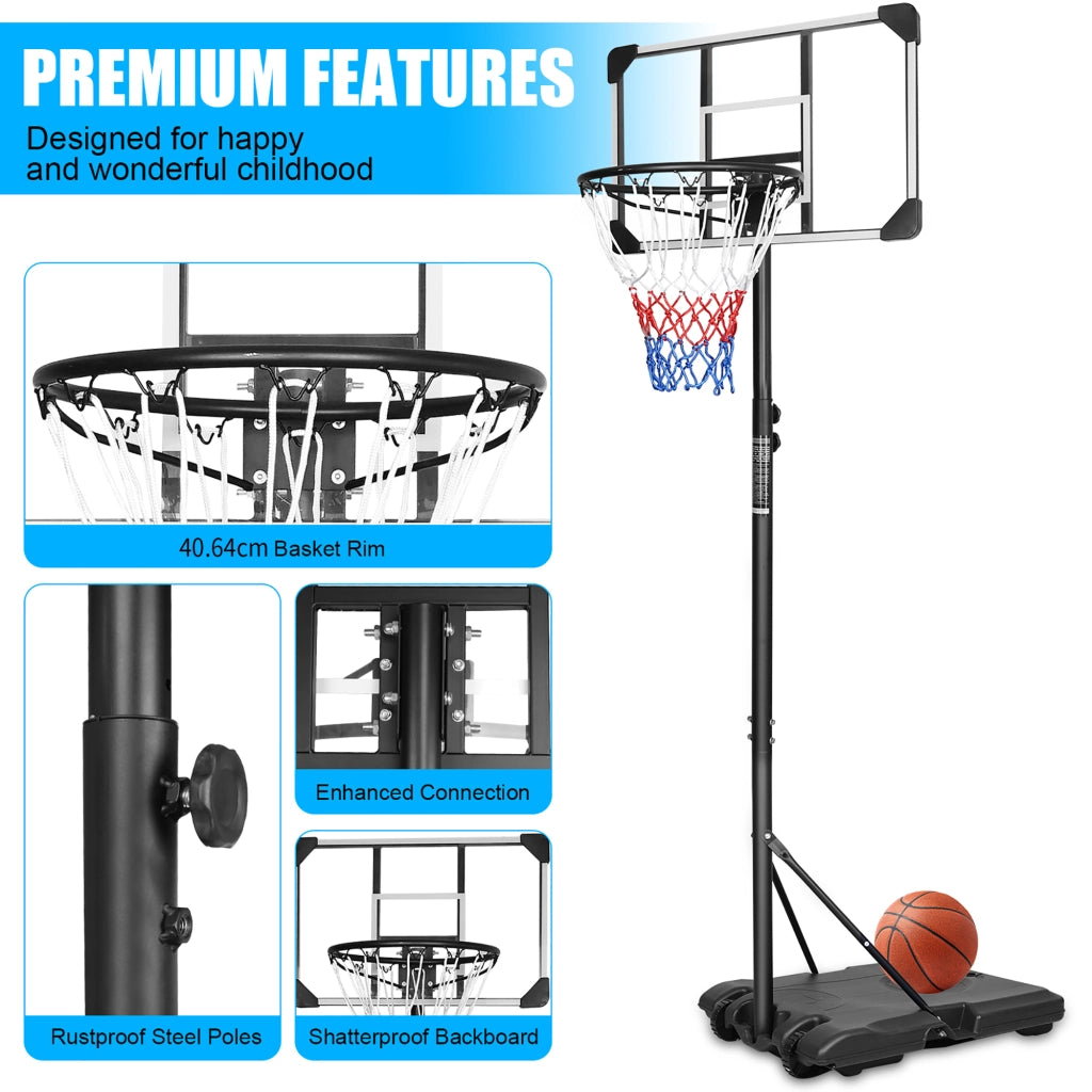 Canestro da basket con altezza regolabile 170–213 cm, ruote, per interno ed esterno, nero