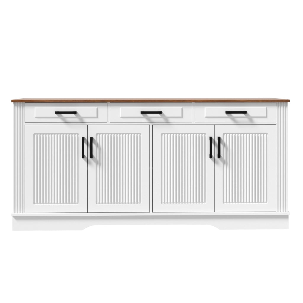Sideboard bianco in MDF con 4 ante a rilievo verticale, 3 cassetti e 2 vani chiusi