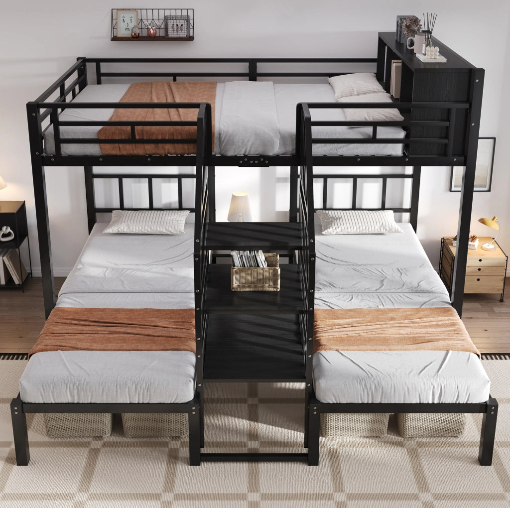 Letto a castello in ferro 3 posti con scala e contenitore; nero; 90x200 e 140x200 cm