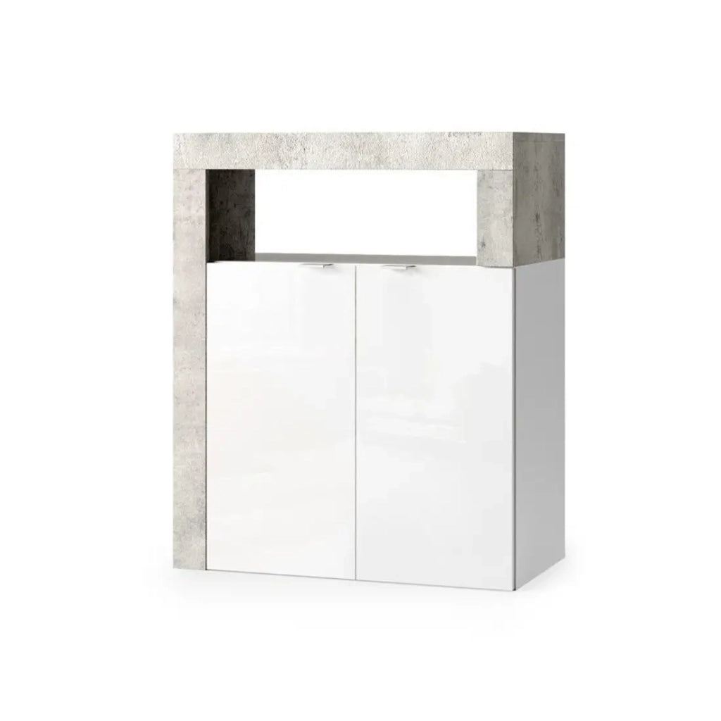 Mobile da bagno BURA – 2 porte, 2 scaffali – Bianco lucido laccato e grigio effetto cemento