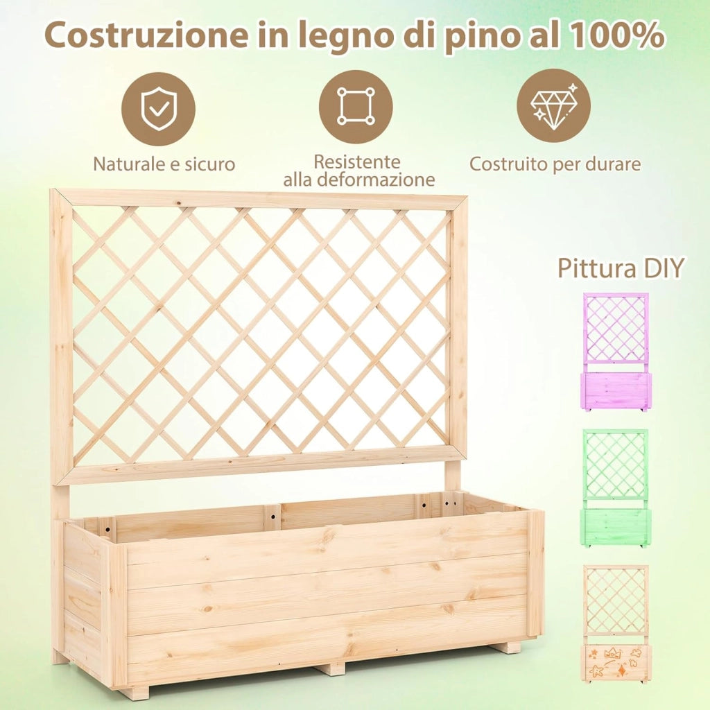 Fioriera con Traliccio, Letto da Giardino Rialzato con Grigliato e Fori di Drenaggio, Aiuola Elevata in Legno per Piante Rampicanti da Interno ed Esterno (98 x 35 x 101 cm)