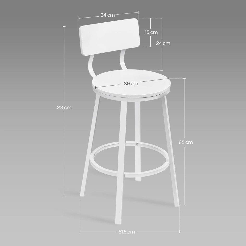 Sgabelli Cucina Set di 2, Sgabelli da Bar per Colazione, con Poggiapiedi e Schienale, Struttura in Metallo, Bianco
