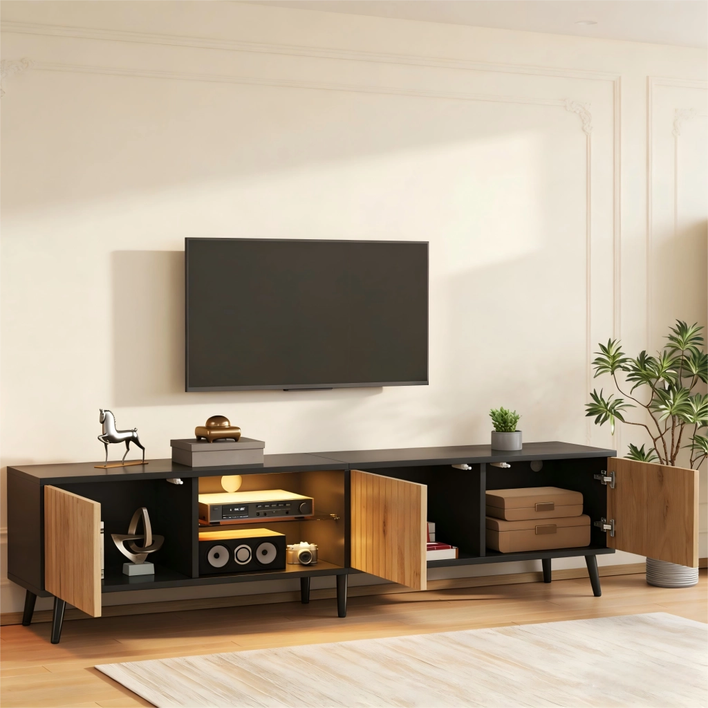 Cassettiera TV in truciolato naturale e nero 175 cm
