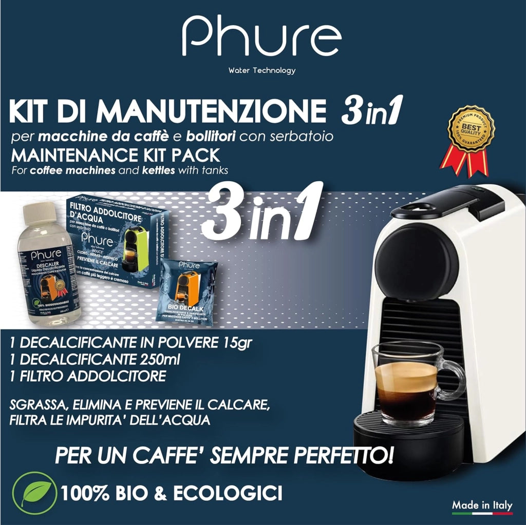 PHURE Decalcificante per Macchine da Caffè e Bollitori, Sgrassa, Elimina e Previene il Calcare, Filtro Impurità Acqua Kit Manutenzione 3 in 1 100% Bio ed Ecologici