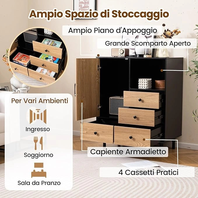 Credenza a Buffet, Armadietto da Cucina con 4 Cassetti, Scomparto Aperto e Gambe in Metallo, per Sala da Pranzo, Soggiorno, Ingresso, 80 x 45,5 x 97,5 cm (Nero)