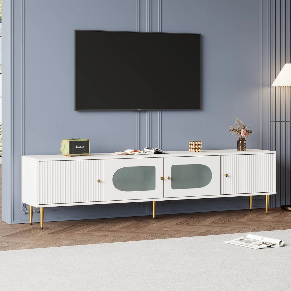 Mobile porta TV con 4 ante, 2 vani con vetro arcuato e 2 fori passacavi, per soggiorno, truciolato bianco, 170 × 35 × 50 cm