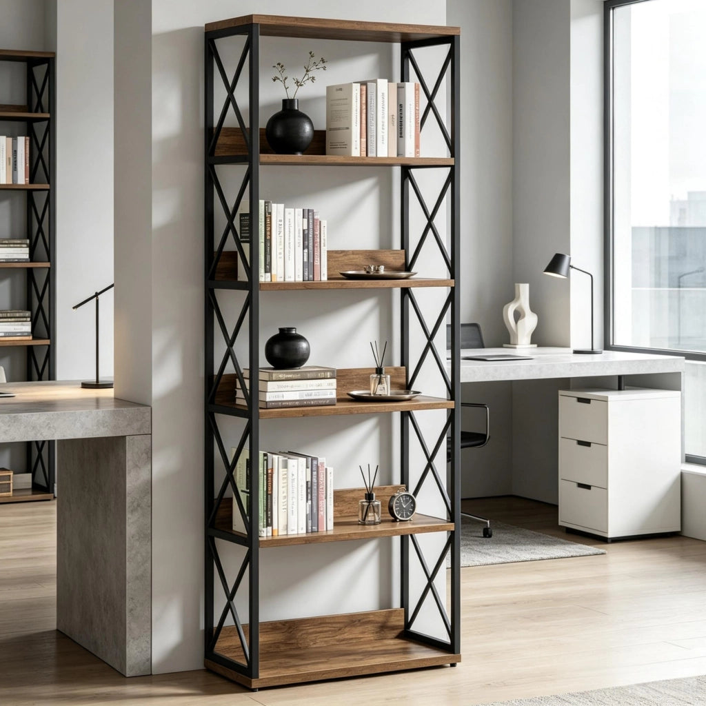 Libreria ULEVR 178 cm a 5 ripiani aperti, struttura in metallo e legno, nero e marrone