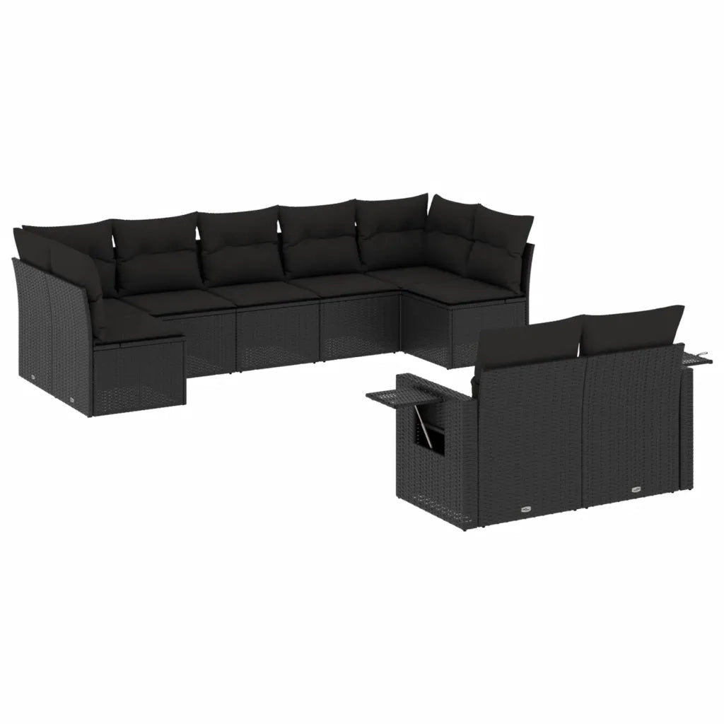 Set Divani da Giardino 9 pz con Cuscini Nero in Polyrattan
