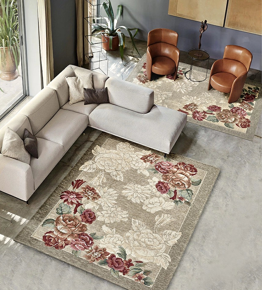 Tappeto floreale BLOOM TORTORA cm.140x200 disegno moderno con fiori, multiuso lavabile antiscivolo