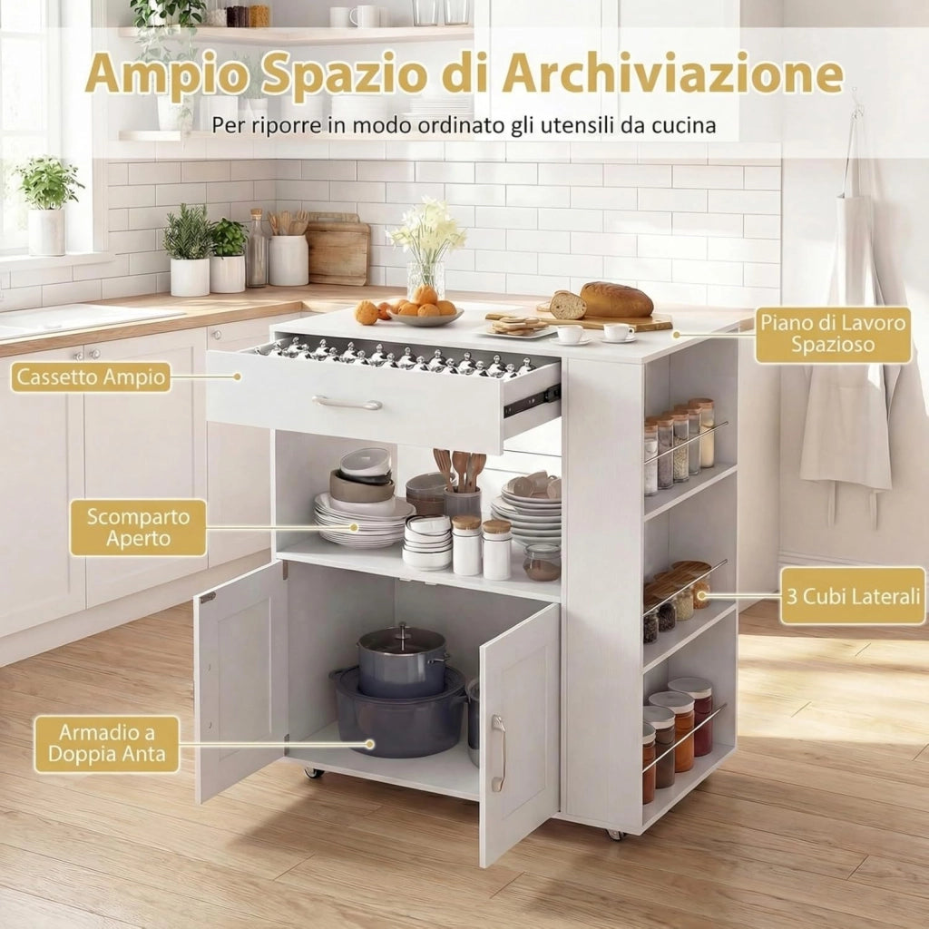 Carrello da Cucina con Ruote, Isola da Cucina con 3 Portaspezie 1 Cassetto Armadietto a 2 Porte, Carrello Portaoggetti con Portasciugamani, 82x46x92 cm (Bianco+bianco)