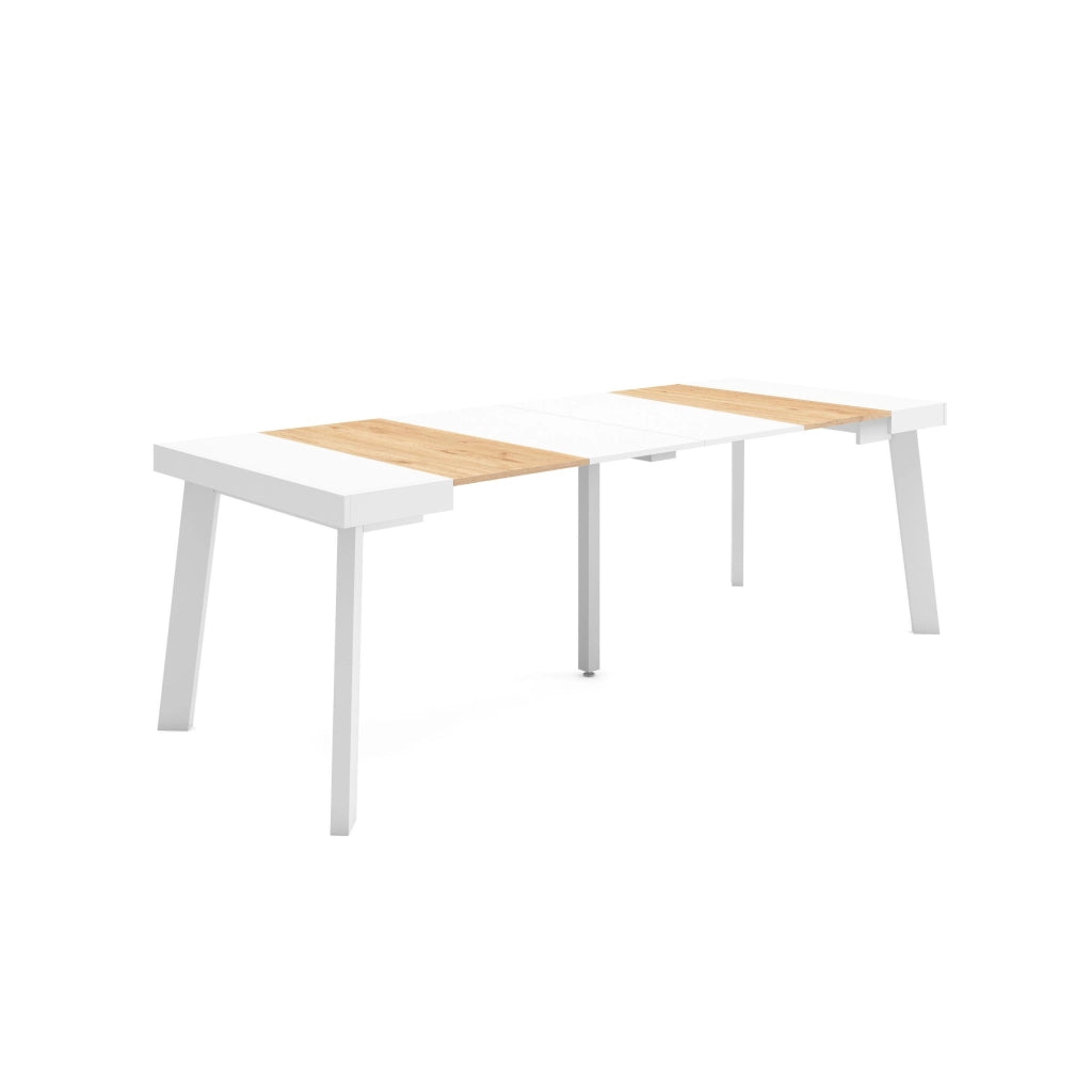 Consolle allungabile, 222x90x73cm, Per 10 persone, Gambe in legno, colore Rovere e bianco RF3017