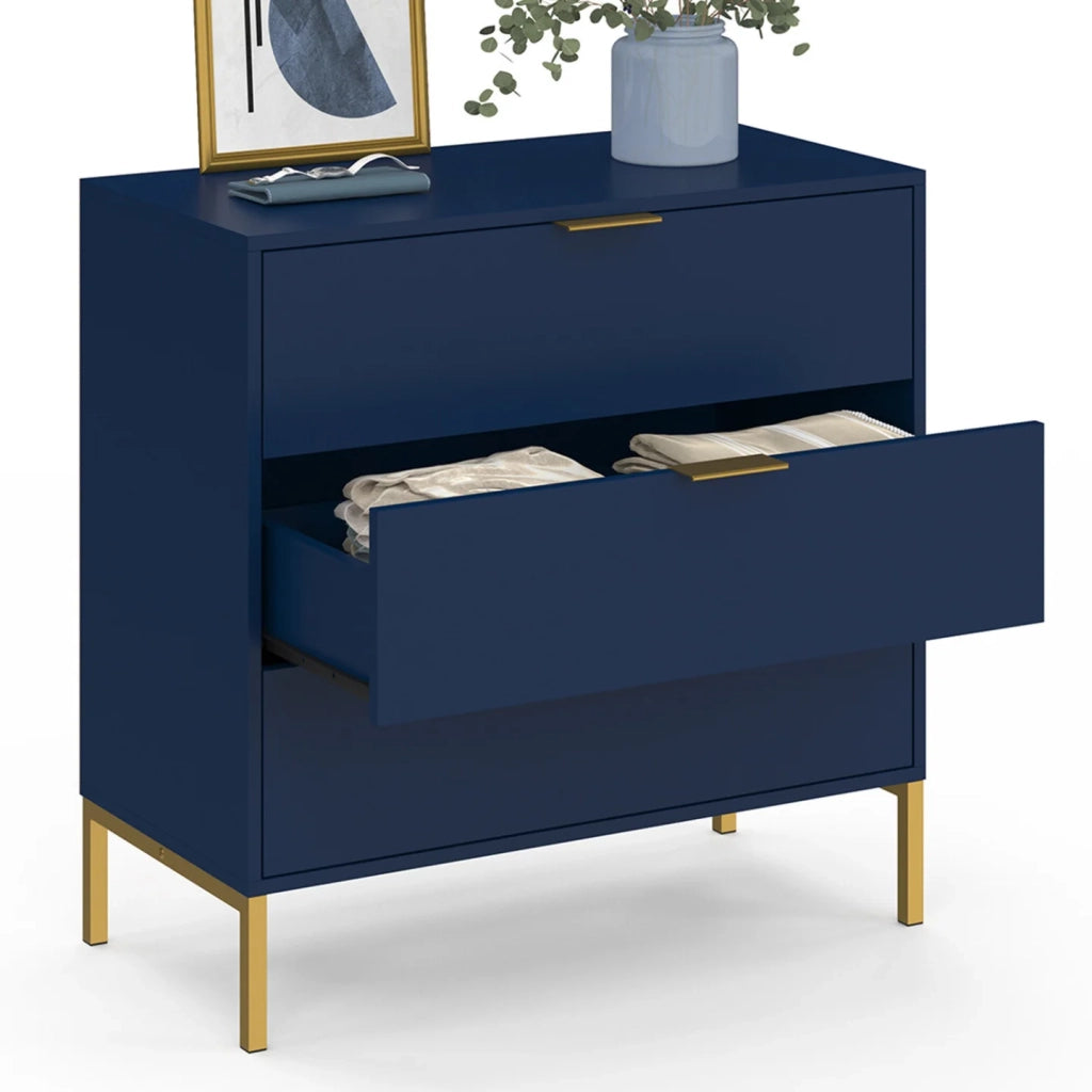 IDMarket - Cassettiera a 3 cassetti BLENIA 80 cm in blu notte con finitura oro