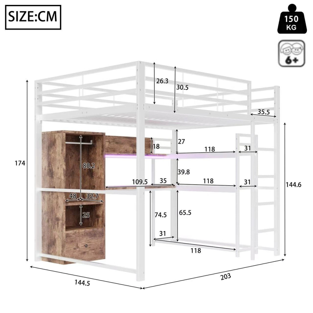 Letto a castello bianco con funzione cassetti in metallo e MDF 140x200cm