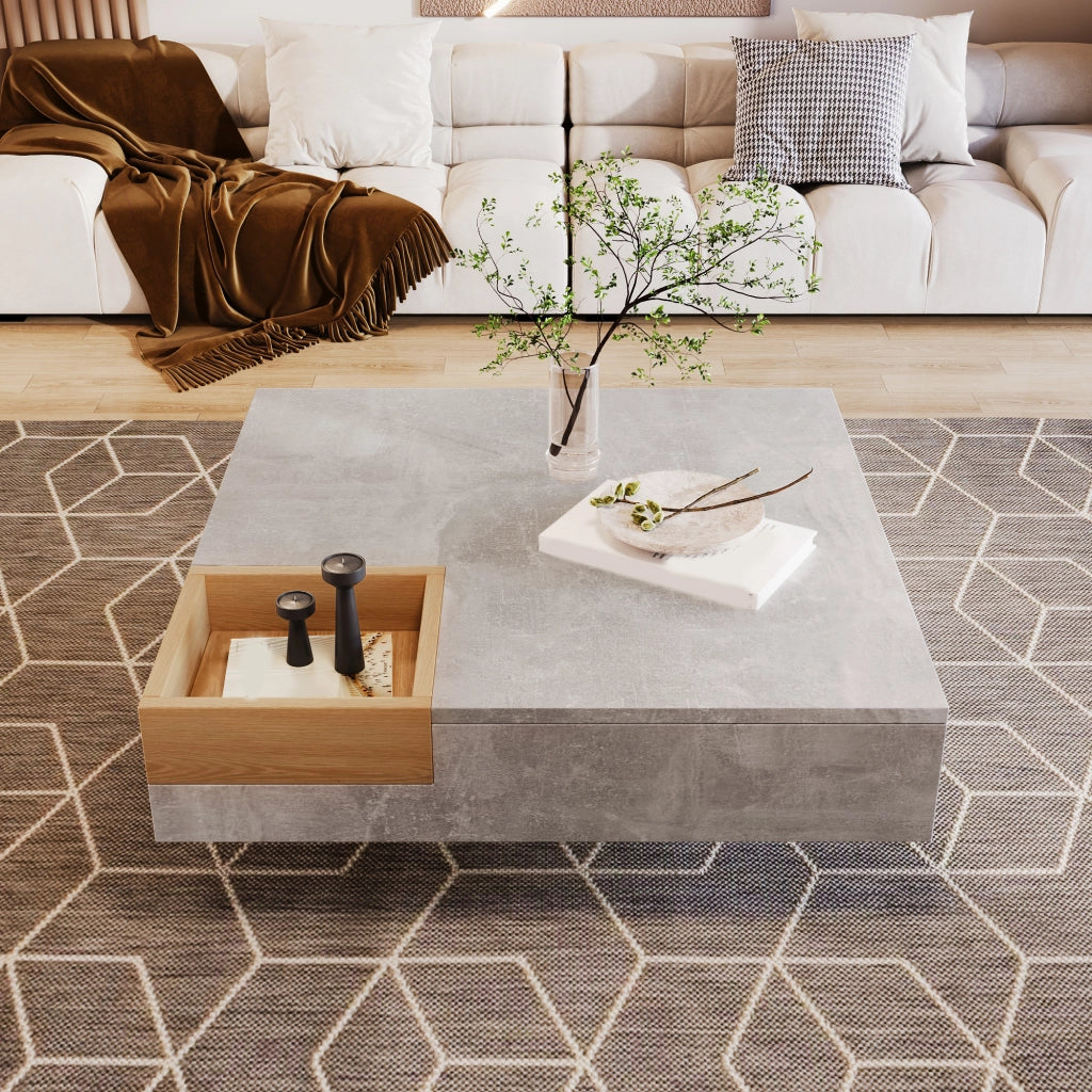 TAVOLINO DA CAFFÈ 72x72x30 cm Grigio cemento e colore legno con contenitore rimovibile