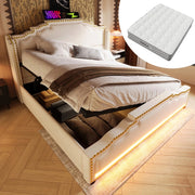 Letto Imbottito Contenitore 140x200 con Materasso ¨C Xylo ¨C Velluto Beige, LED, Idraulico