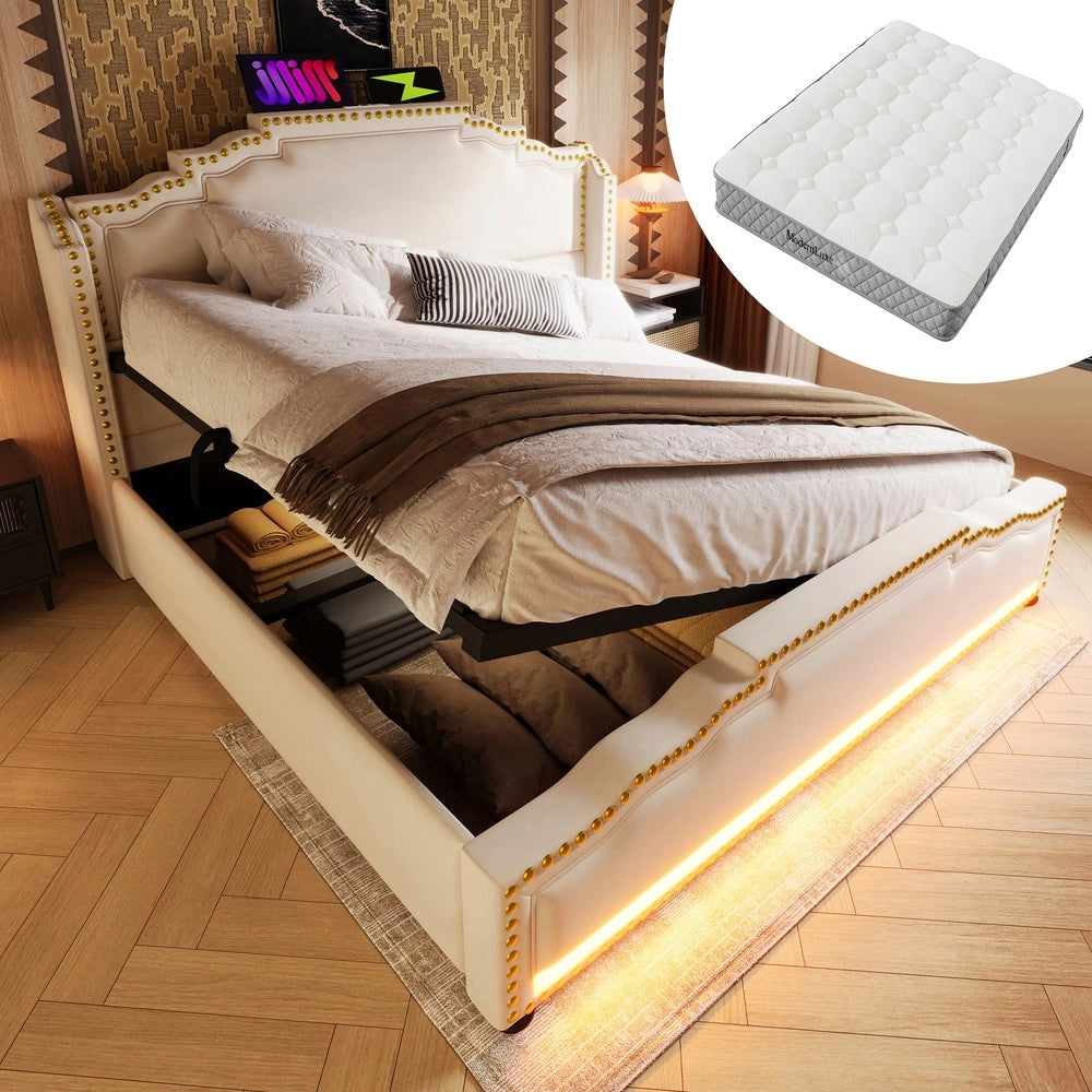 Letto Imbottito Contenitore 140x200 con Materasso ¨C Xylo ¨C Velluto Beige, LED, Idraulico