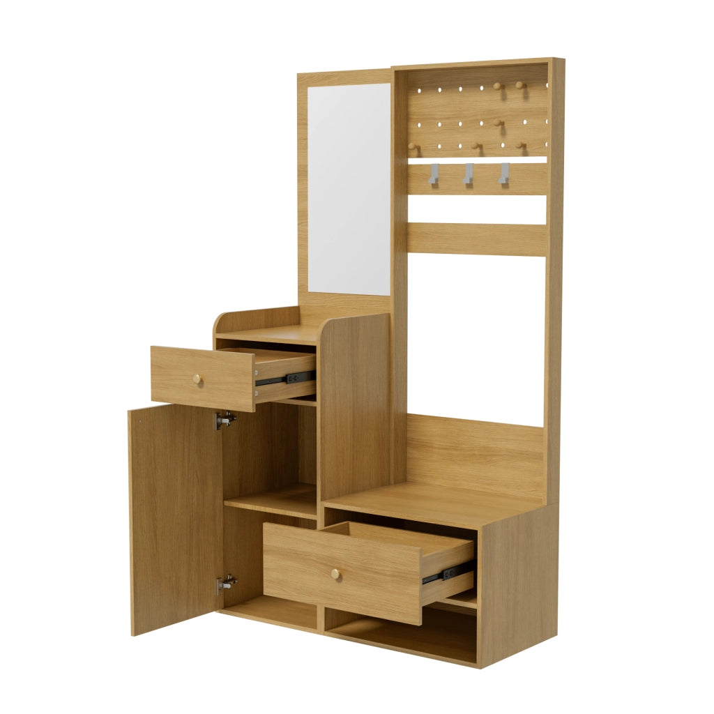 Mobile da Ingresso con 2 Cassetti; 1 Armadietto; Ripiano Aperto e Specchio per Ingresso in Pannello Truciolare 105 x 38 x 180 cm Rovere