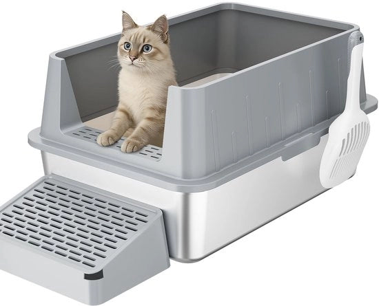 Ciotola per Gatti in Acciaio Inox 28L, Aperta, 60x40x30 cm con Spazzola e Pedale, Ciotola per Gatti XXL Grande senza Copertura per Gatti Grossi, per Salotto, Camera da Letto, Grigio