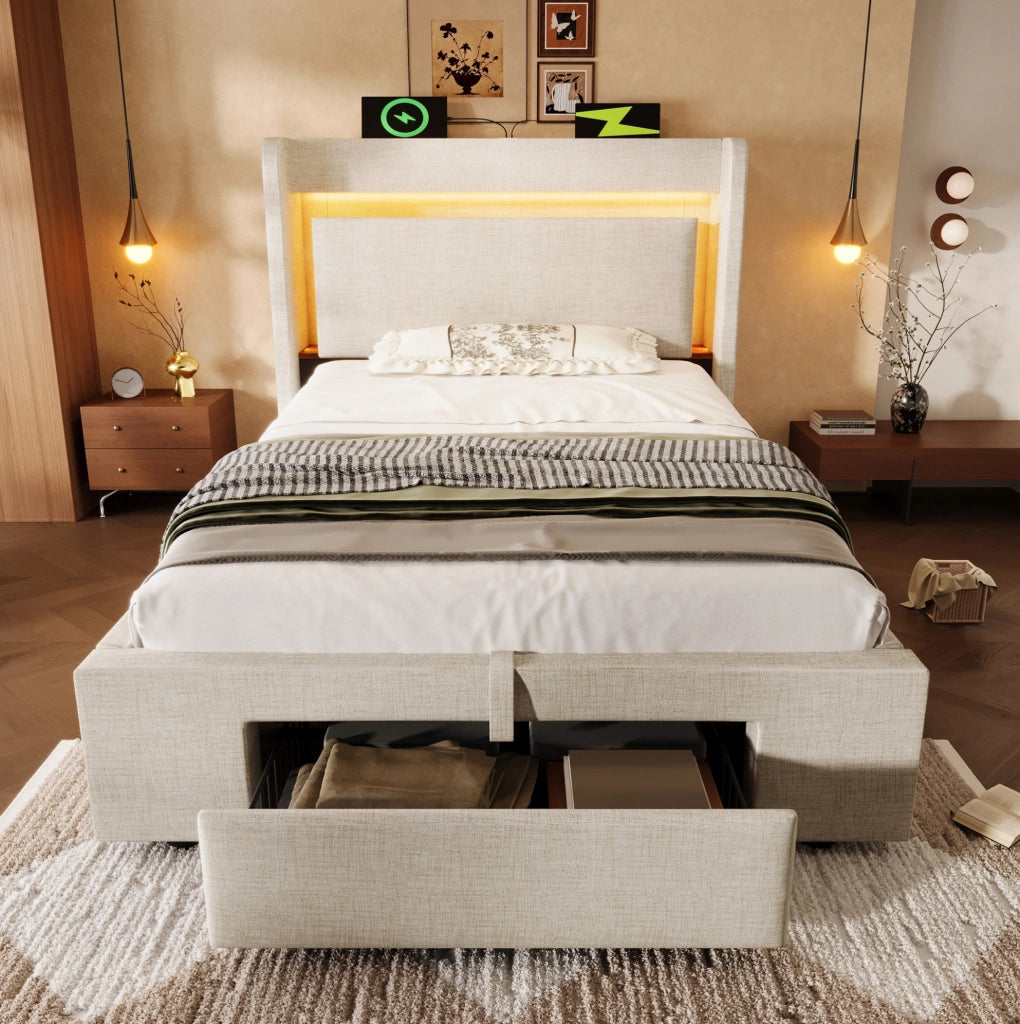 Letto imbottito beige con contenitore, testiera attrezzata e LED