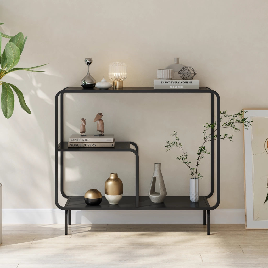 Tavolo a Consolle Færder in Acciaio Scaffale Espositore Stretto 92x33x82 cm Nero Opaco [en.casa]