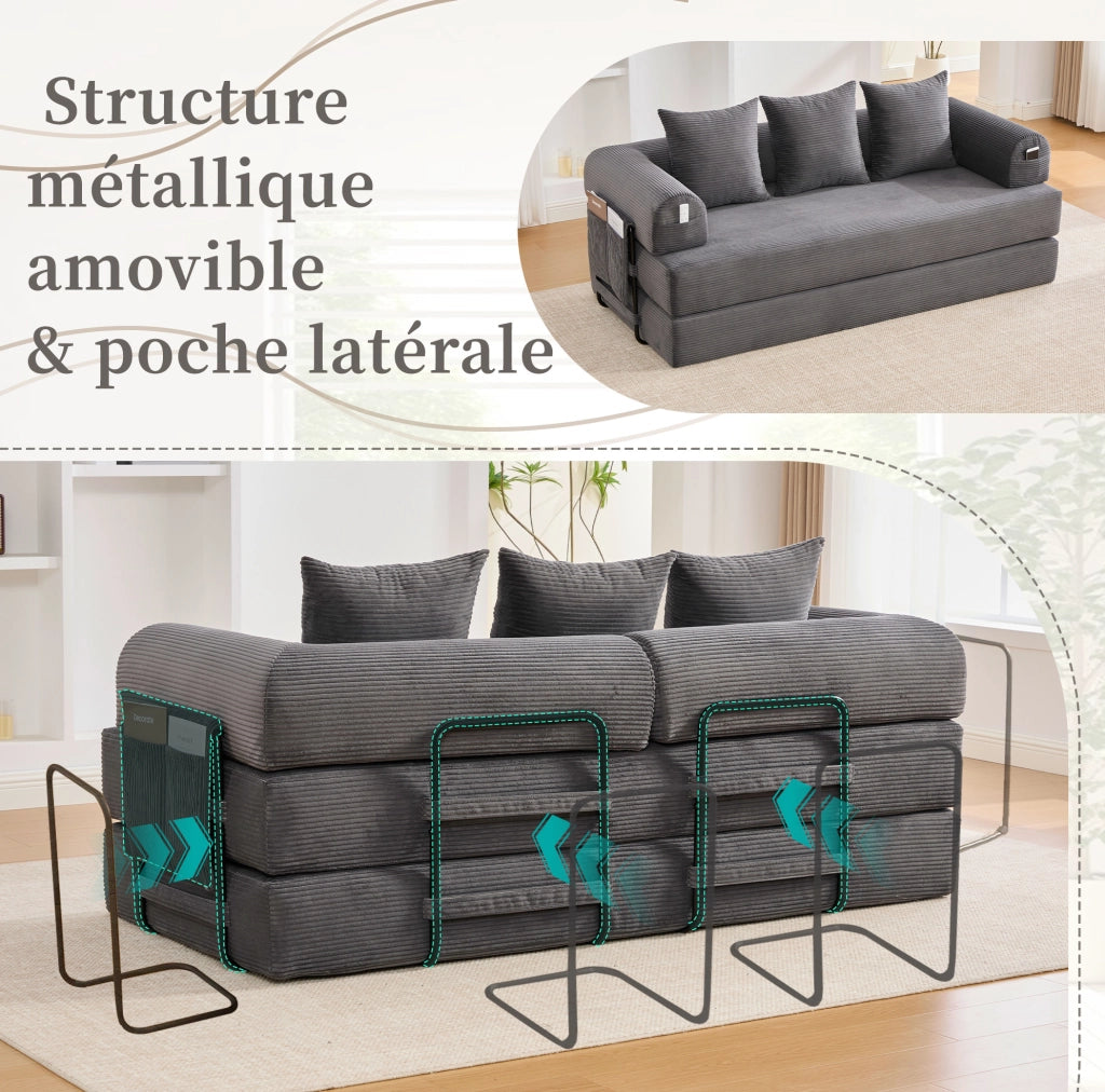 Divano modulare ULEVR 200x94x67 cm in velluto a coste grigio scuro con 3 cuscini e tasca laterale