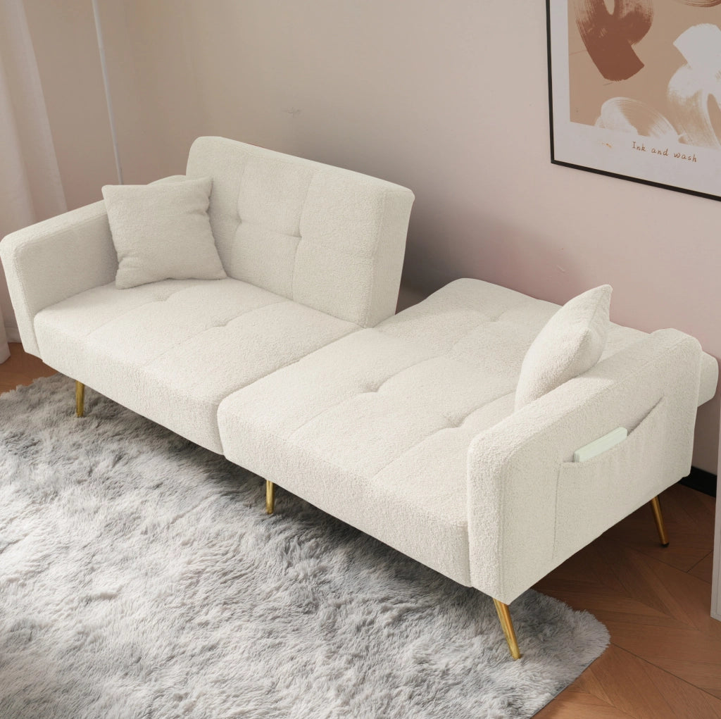 Divano letto 175x64x72 cm con schienale regolabile e tasche laterali in sherpa bianco