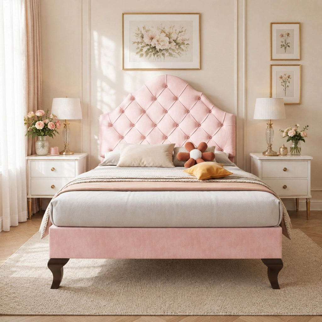 Letto imbottito 90x200 cm in velluto rosa con rete a doghe e testiera regolabile