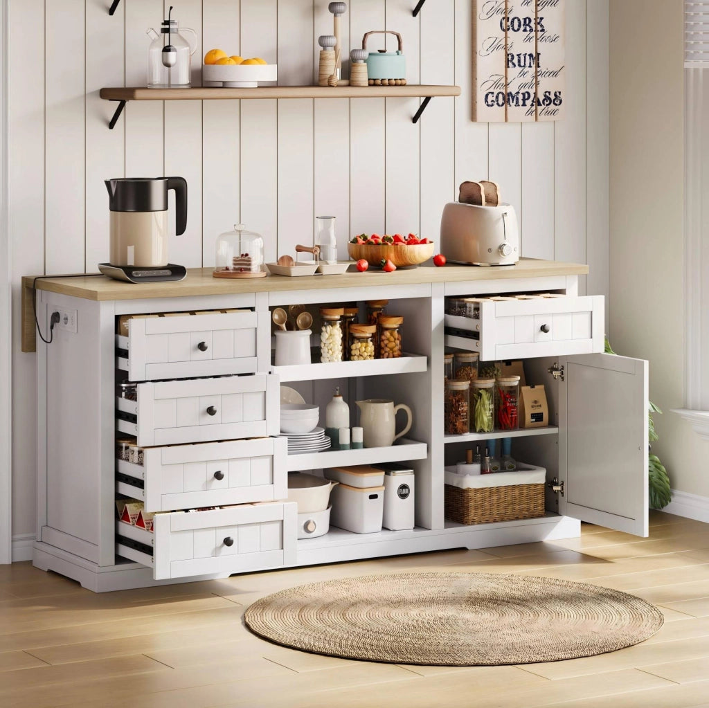 Sideboard bianco multifunzione con 5 cassetti, 2 ripiani estraibili e piano allungabile, 150×65×75 cm