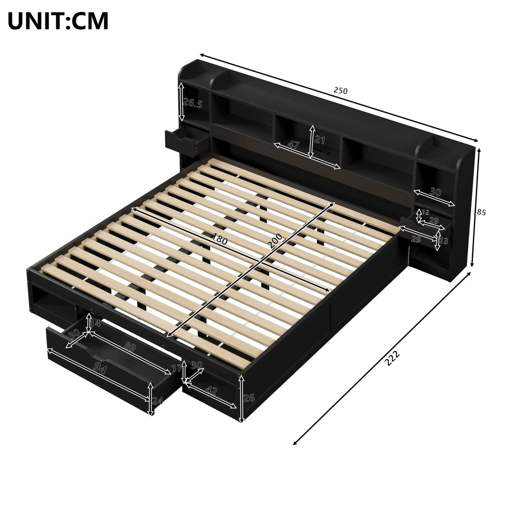 Letto Contenitore 180x200 cm con LED; USB; 3 Cassetti e vani portaoggetti - Nero