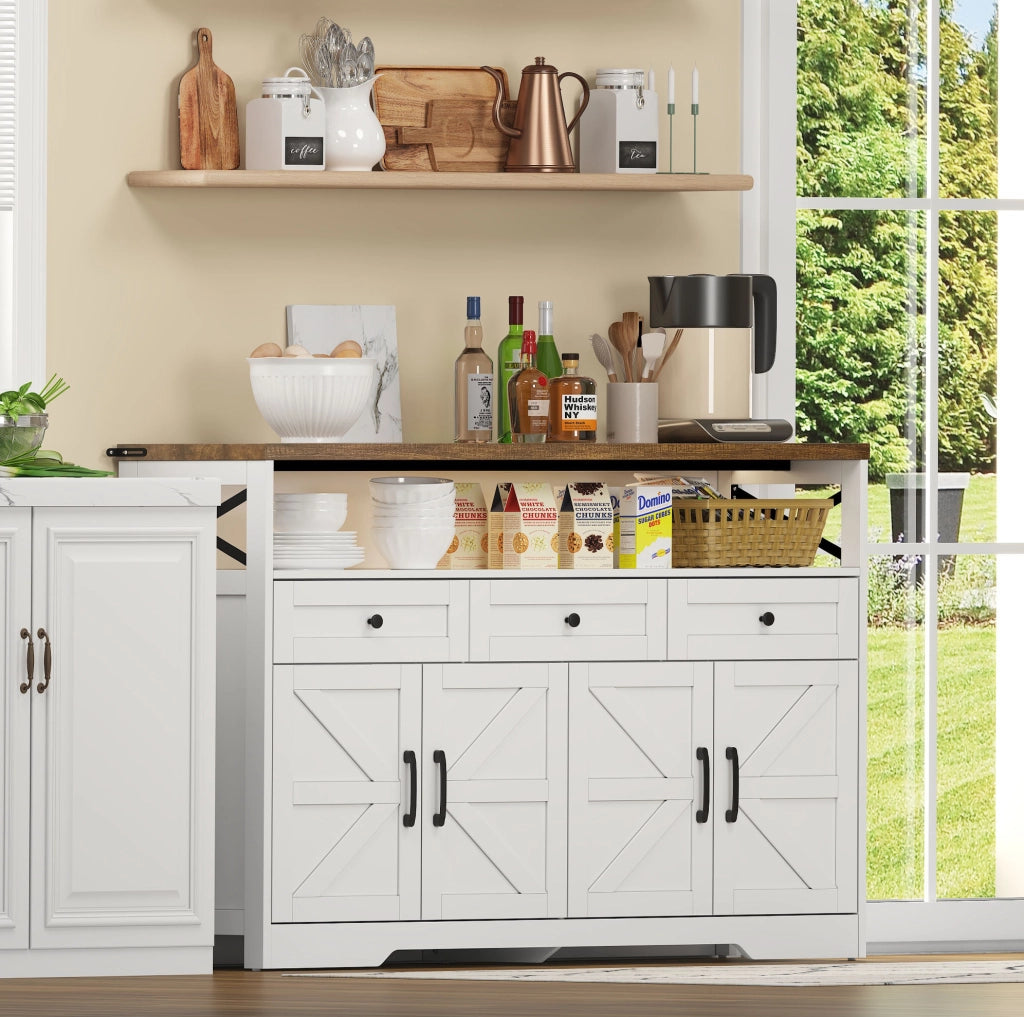 Credenza rustica con 3 cassetti e vani contenitori, 140 cm