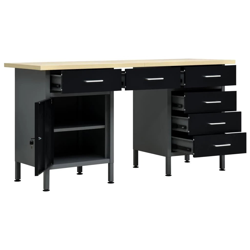 Banco da lavoro nero 160 cm con cassetti tavolo da lavoro in acciaio utensili fai da te grigio/nero 02_0003679