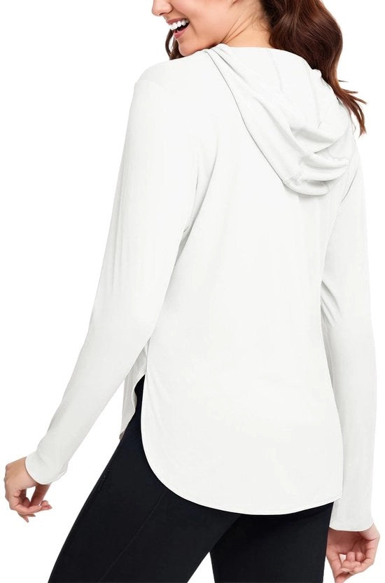 Maglietta donna UPF 50+ - Lunga - Asciuga velocemente - Respira - Cappuccio - Maglietta funzionale - Protegge dalle radiazioni UV - Maglietta sportiva