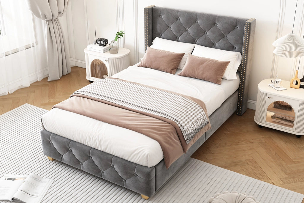 DESMIU Letto singolo 1 posto con testiera trapuntata e borchie decorative, 90 × 200 cm, senza materasso, grigio