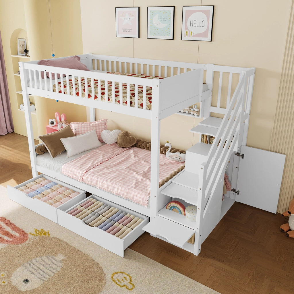 Letto a castello con scalinata contenitiva in pino bianco 90x200 cm