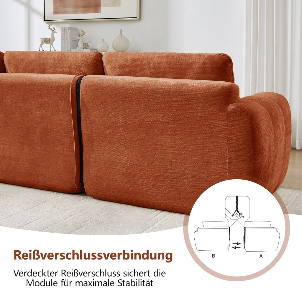 Divano modulare 4 posti in chenille con seduta ampia e profonda senza montaggio arancione 334 × 97 × 68 cm