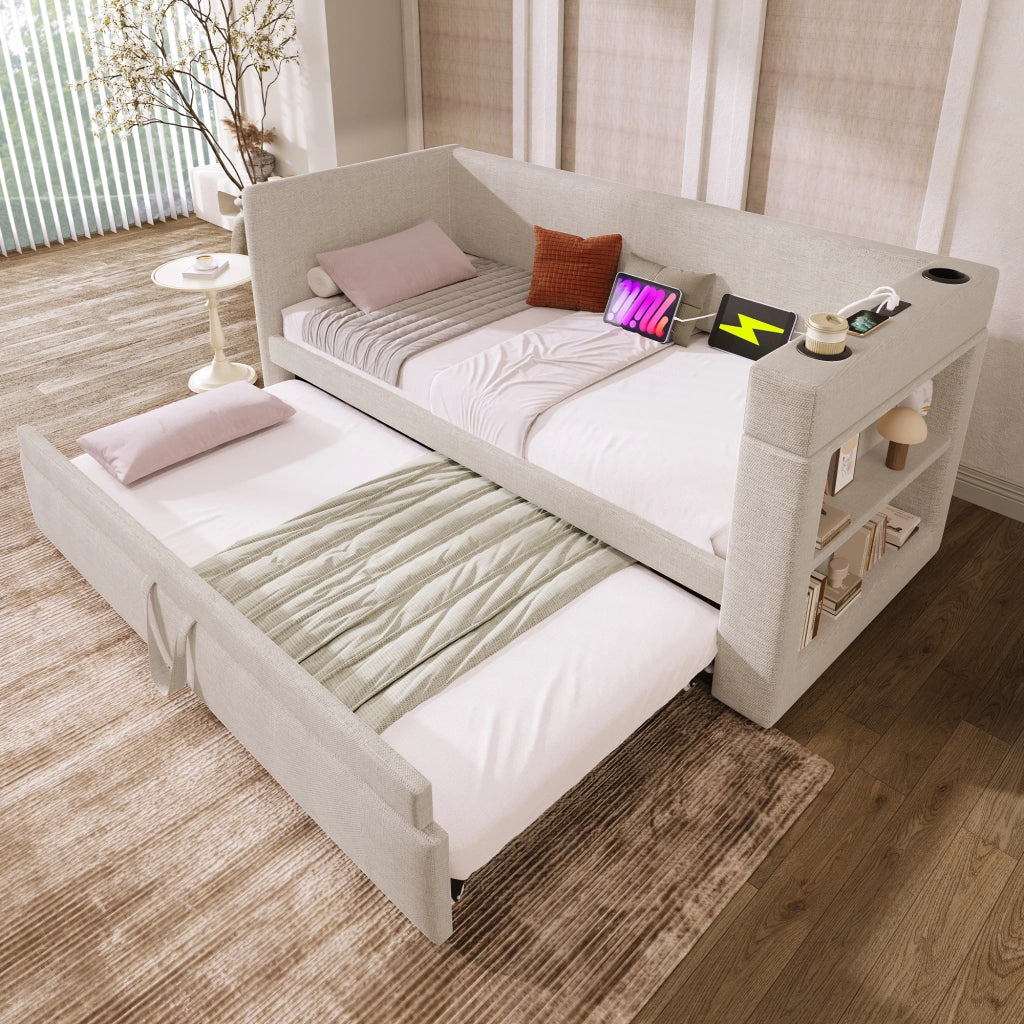 LETTO Divano con letto estraibile 90x190 cm Beige cotone e lino