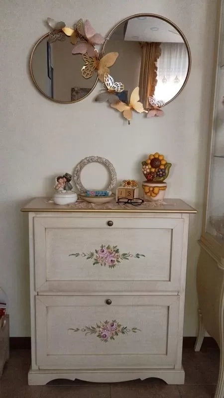 Scarpiera 2 ante ribalta legno shabby avorio anticato filo oro 79x30x90 - Mobili 2G