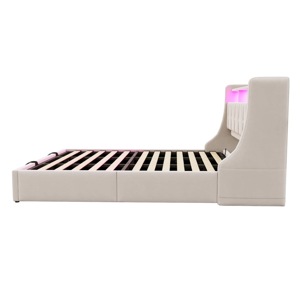 Letto imbottito 180x200 cm con testiera ribaltabile, luci LED, prese USB e Type-C, contenitore idraulico, velluto beige