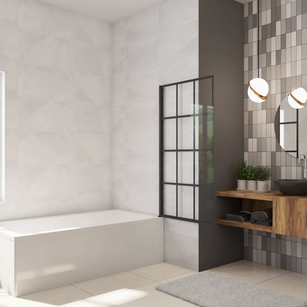 Parete Vasca Doccia 80xh.140cm Sopravasca Pannello Girevole in Vetro Temperato 6 mm Trasparente con Riquadri Neri